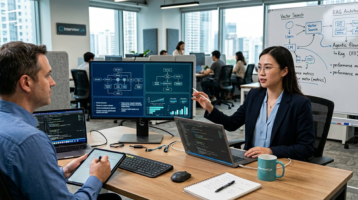 An AI engineer preparing for interviews with model notes, evaluation charts, and blue teal lighting.