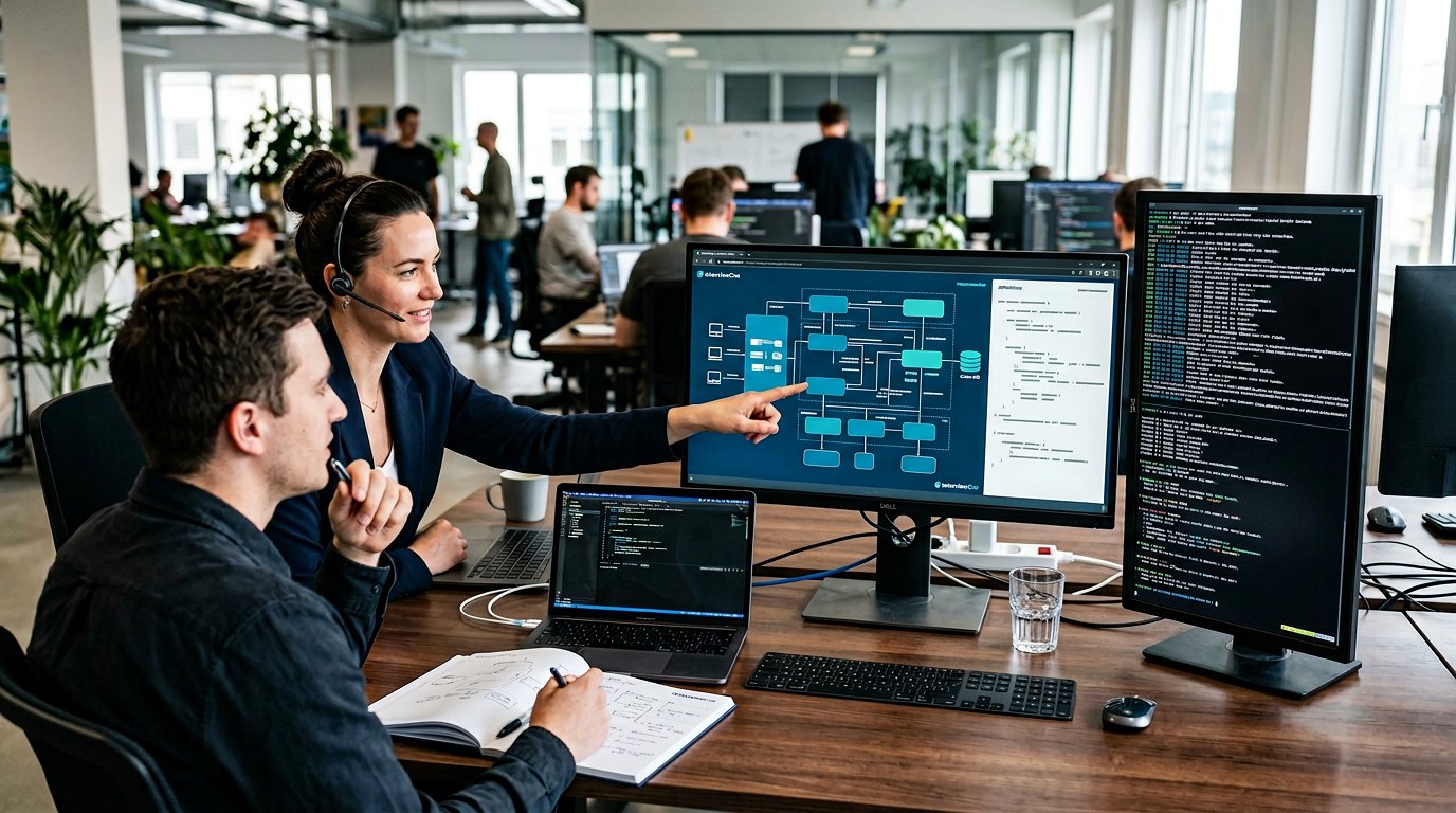 A backend engineer reviewing APIs and system architecture diagrams in a blue and teal interview prep workspace.