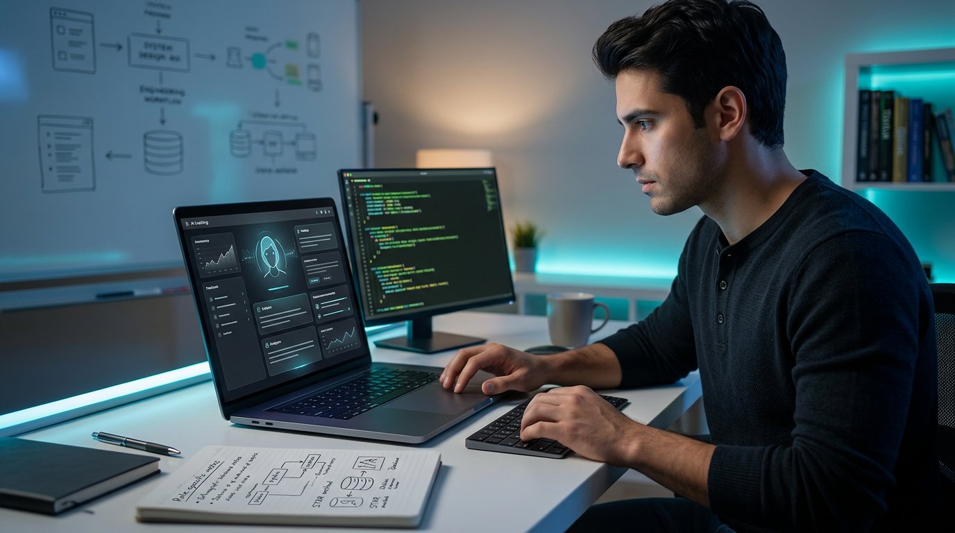 Behavioral Interview AI Coach for Engineers hero image showing a software interview preparation workspace