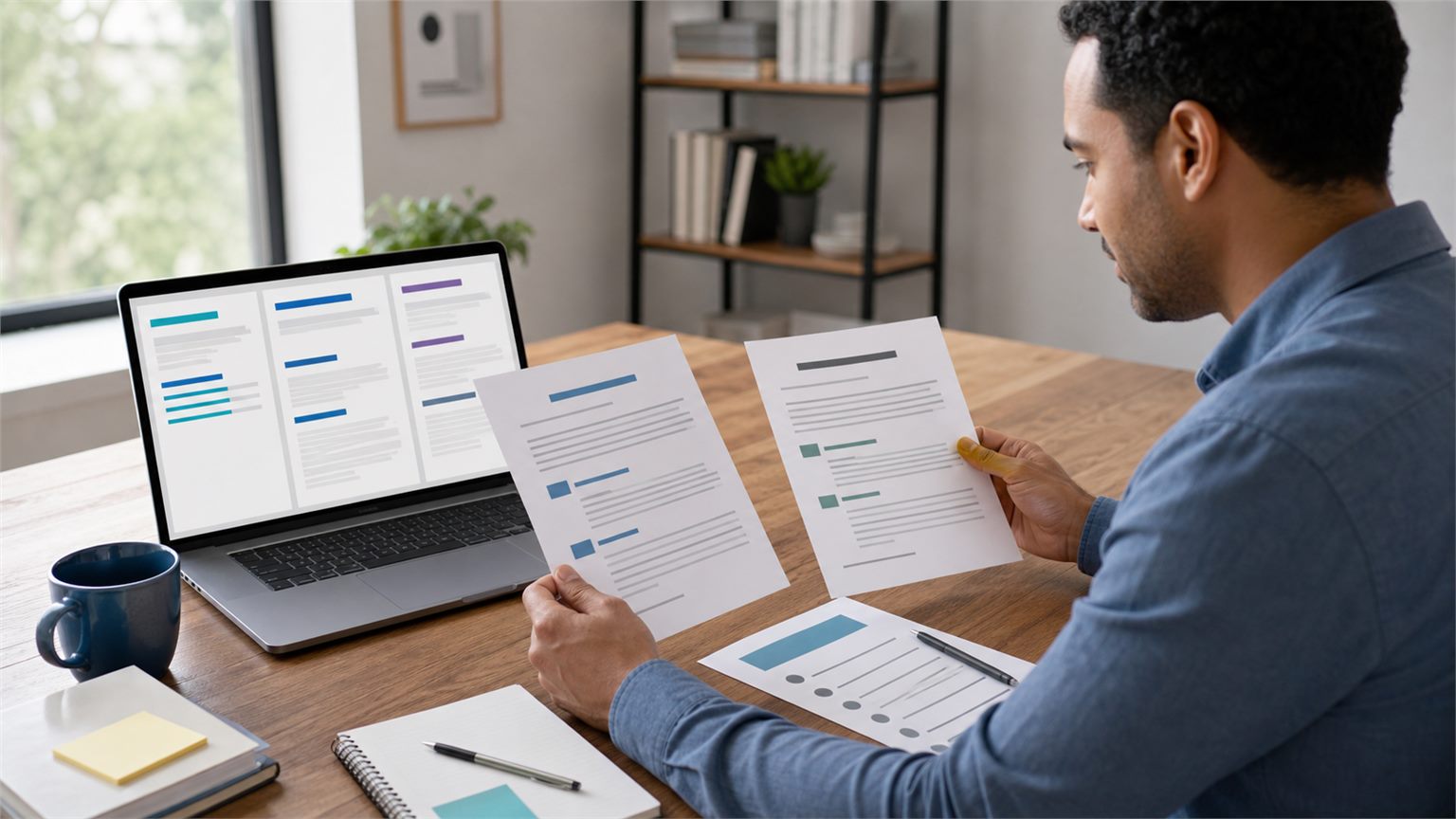 A job seeker comparing two resume drafts beside an AI-assisted document workspace.