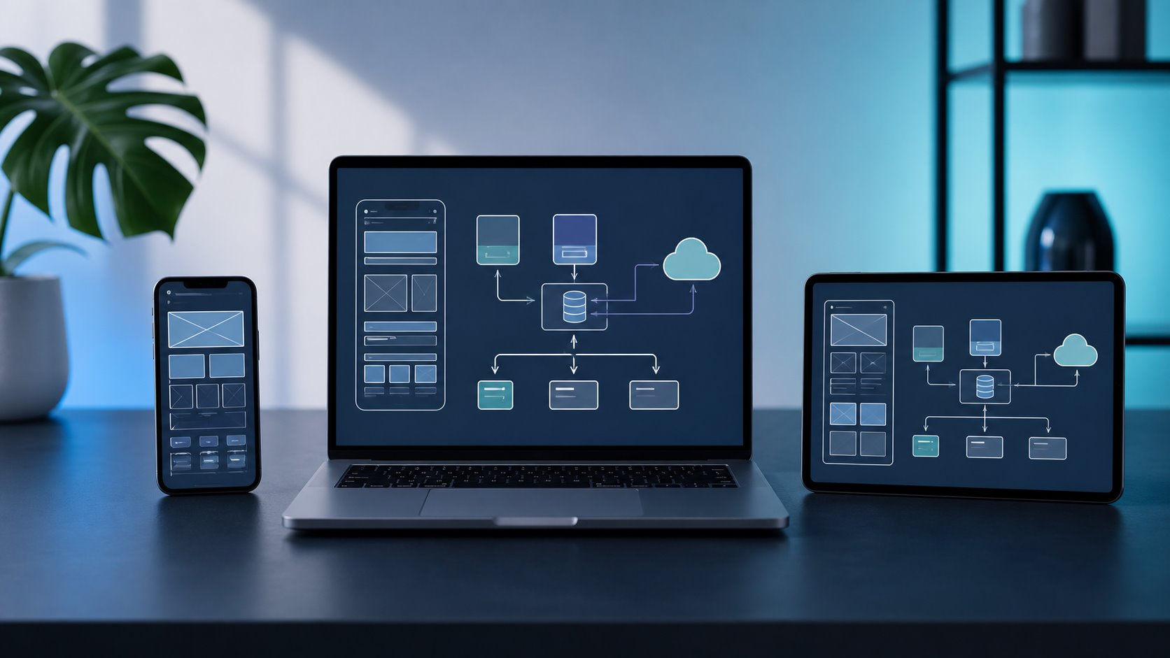 Mobile devices and a laptop showing an abstract client, local storage, synchronization, API, and cloud architecture