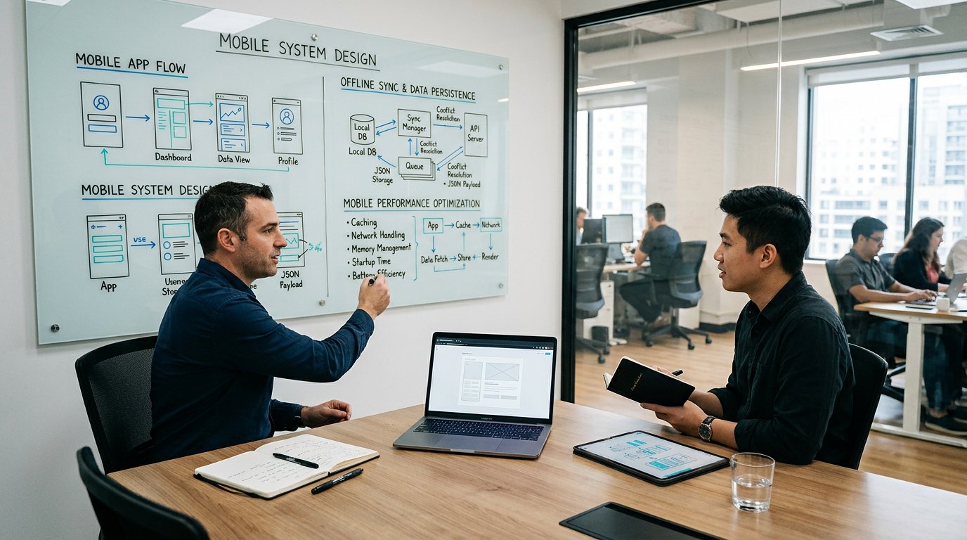 Mobile system design interview with app flows, performance, and offline sync architecture