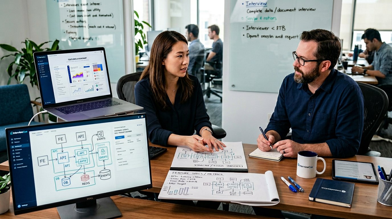 A product engineer preparing for interviews with product metrics notes, system sketches, and blue teal lighting.