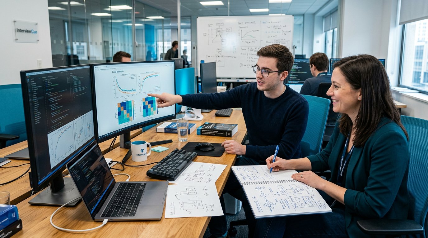A research engineer preparing for interviews with model evaluation charts, paper notes, and blue teal lighting.