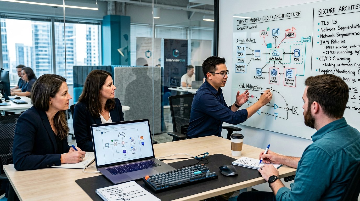 A security engineer preparing for interviews with architecture sketches and blue and teal threat-model visuals.