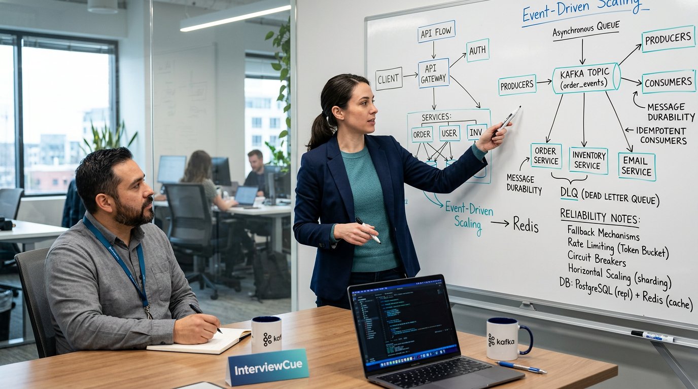 A senior backend engineer preparing for interviews with API sketches, reliability notes, and blue teal lighting.