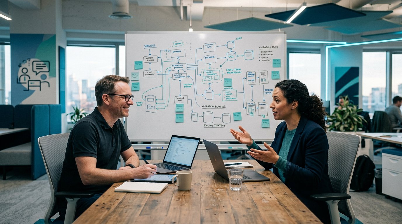 A staff engineer preparing for system design interviews with roadmap notes, architecture diagrams, and blue teal lighting.