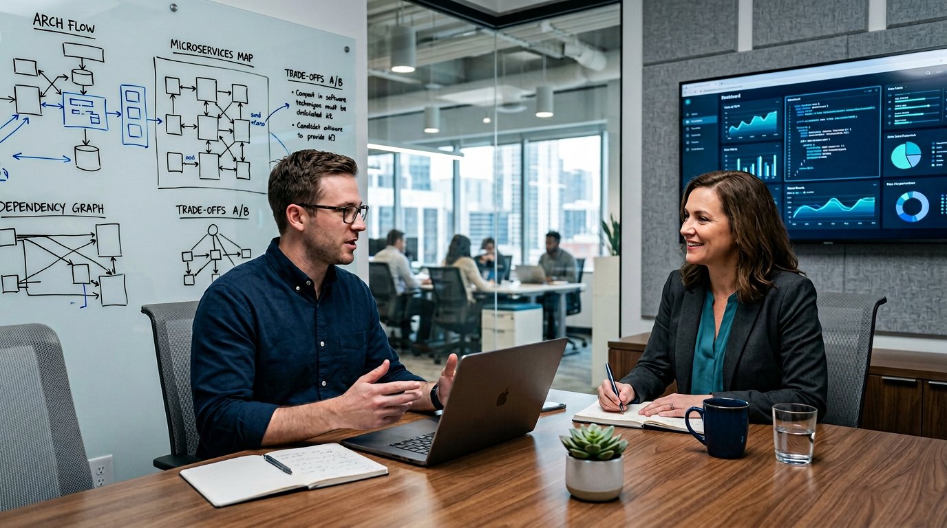 A senior engineer preparing for system design interviews with architecture sketches, tradeoff notes, and blue teal lighting.