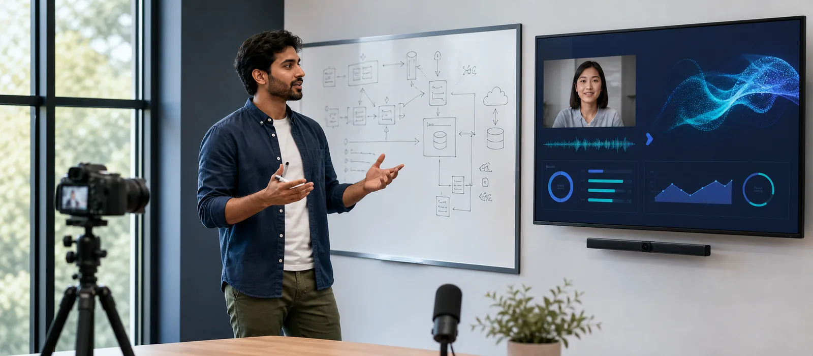 Candidate practicing a technical explanation with an AI interviewer and feedback dashboard