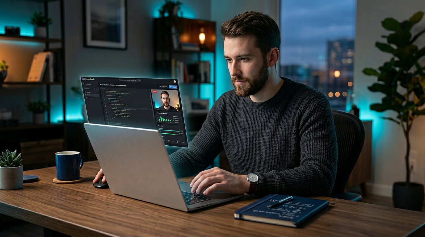 A software engineer practicing an AI mock interview in a polished blue and teal workspace.