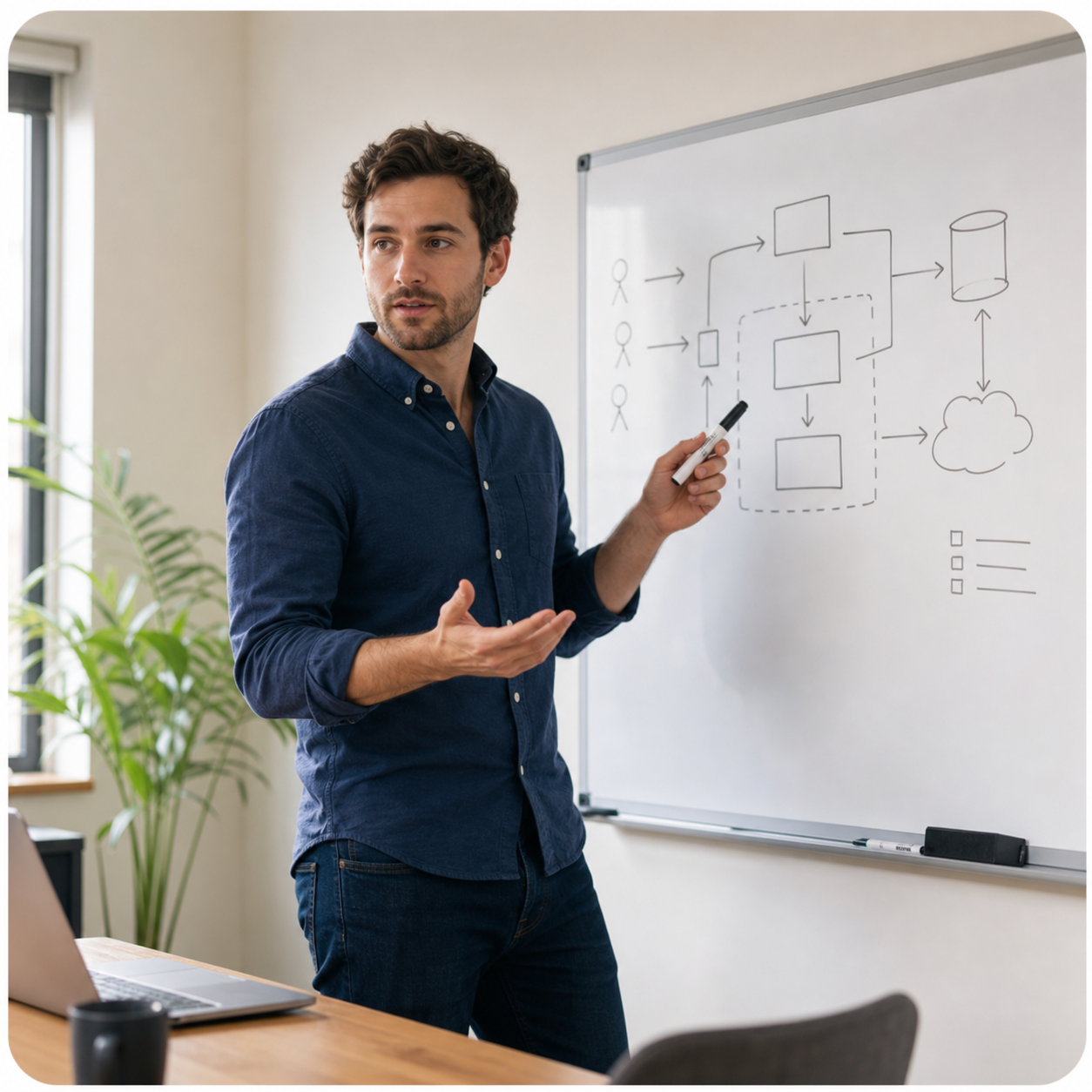 Engineer reviewing a detailed machine design on a technical whiteboard