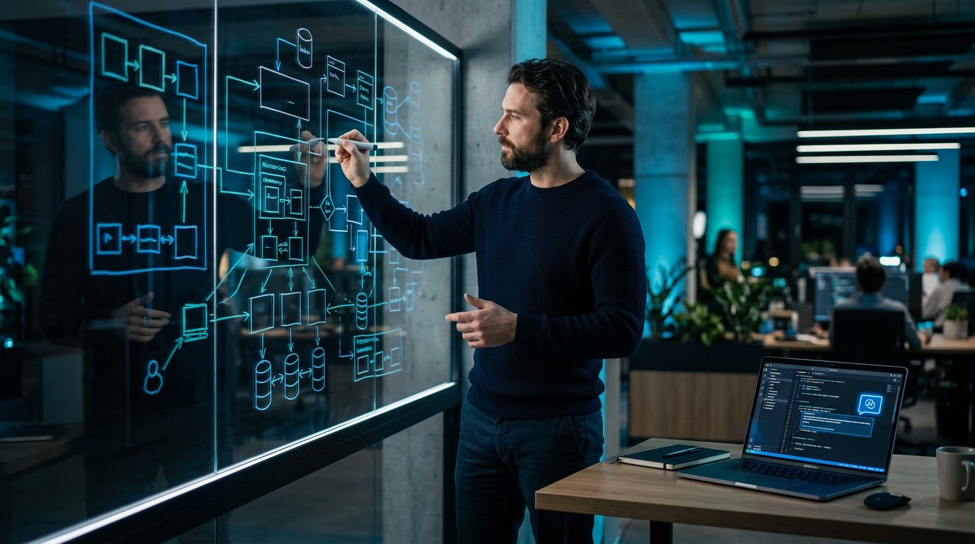 A software engineer practicing system design interview tradeoffs with architecture diagrams.