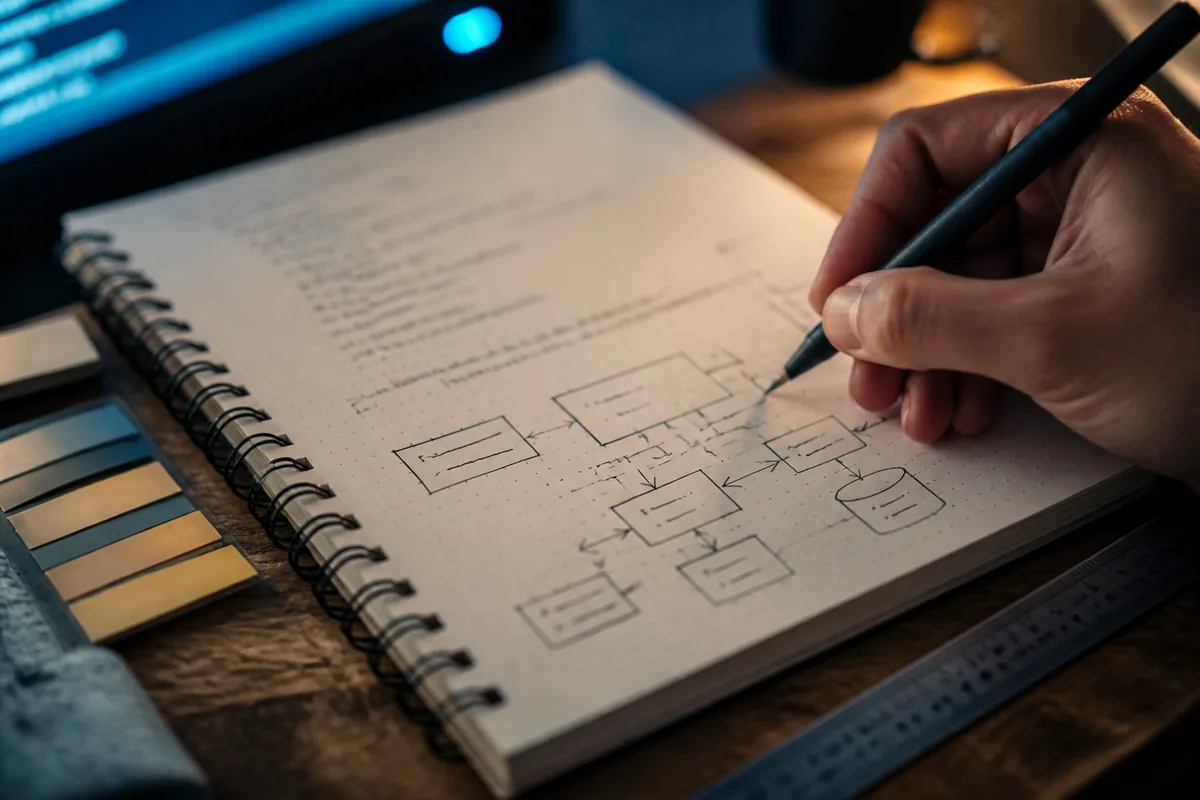 Close-up of a technical interview guide with a hand-drawn system diagram